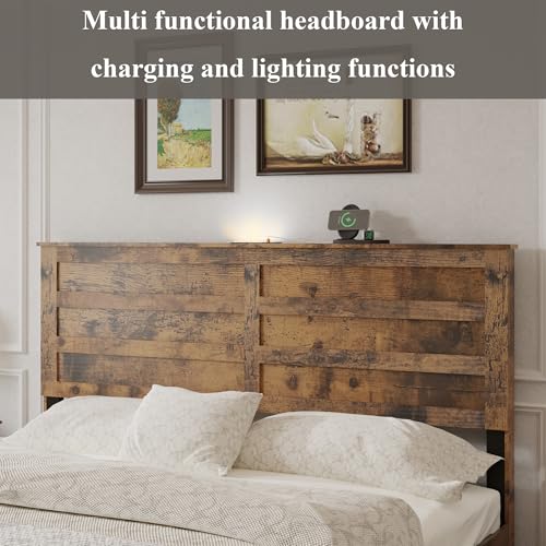 Farmhouse Wooden Platform Bed with 2 Storage Drawers and Dual USB Ports for Bedroom, Space-Saving Queen Size Bed Frame with Storage Headboard and Metal Slats Support, No Box Spring Needed