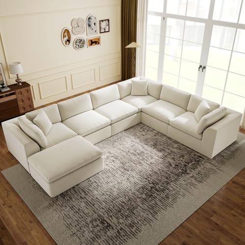 7 Seater Modular Sectional Couch,Modern L/U Shaped Boneless Sectional Sofa with Ottoman,Chenille Cloud Couches for Living Room,Beige