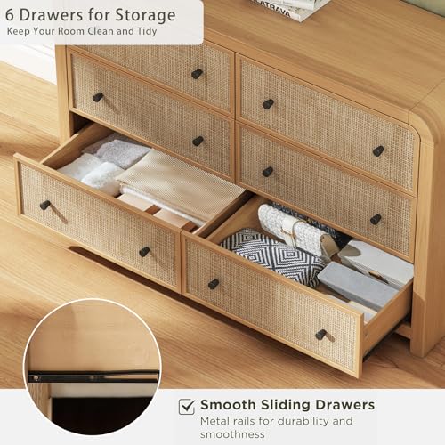 6 Drawer Dresser for Bedroom, 49'' Rattan Dresser with Ample Storage, Boho Chest of Drawers, Thickened Curved Profile Design, Oak Dressers for Bedroom, Living Room