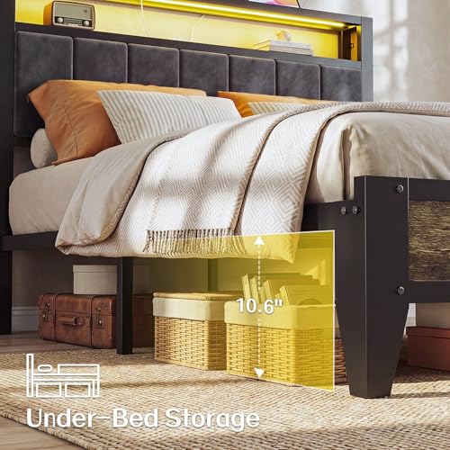 Full Size Bed Frame with Headboard, LED Light & Charging Station, view 7