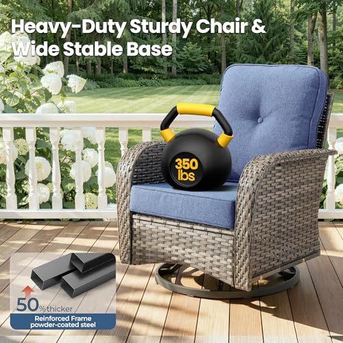 Weaxty Wicker Patio Furniture Set with Swivel Rocker Chairs Outdoor Loveseat Sofa and Rattan Coffee Table, 5 Pieces Outdoor Conversation Sets for Patio Porch Deck Backyard Poolside, Denim Blue