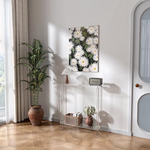 Acrylic Narrow Console Table for Entryway, 7.6" D x 39.4" W x 31.5" H, Square Legs, Skinny Entry Table for Sofa, Foyer, Hallway, Living Room, Modern, 2-Tier, Clear