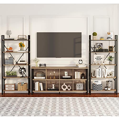 8 Cube Storage Organizer Bookshelf, 62 Inch Rustic Wood Horizontal Bookcase, Industrial Cube Long Book Shelf for Living Room (Rustic Oak)
