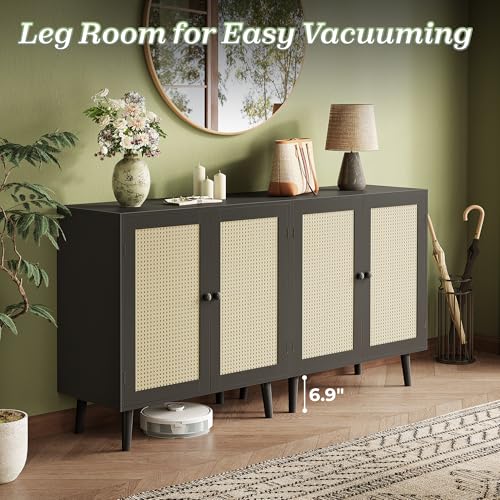 Buffet Cabinet with Storage, Storage Cabinet with Synthetic Rattan Decor Doors, Solid Wood Feet, for Hallway, Entry, Living Room, Black