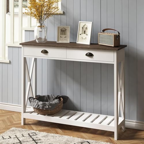Farmhouse Console Table with Drawer for Entryway, Narrow Long Entry Table with Shelf for Living Room, Rustic Vintage Hallway Sofa Table with Stable X Supports, 40 White