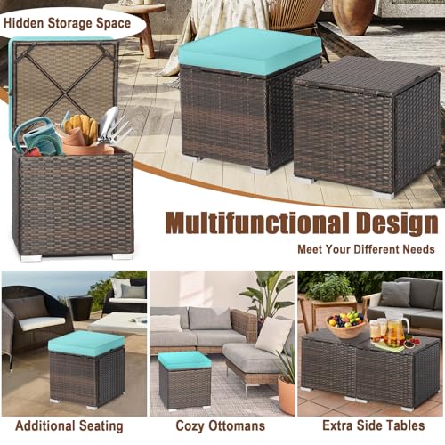 Wicker Outdoor Storage Ottoman, 2-Piece Rattan Footstool w/Removable Cushion, Multipurpose Footrest Stool Side Table Additional Seating, Set of 2 Outdoor Ottomans for Patio Deck (Turquoise)