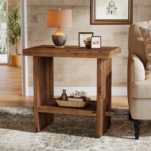 Solid Wood Side Table, 2-Tier End Table with Solid Base, Accent Furniture Bedside Nightstand Storage for Living Room and Bedroom, Small Spaces, Assembly Required
