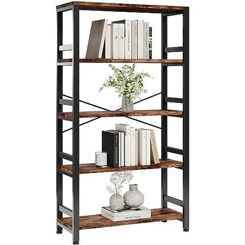 Bookshelves and Bookcases, 31.5in Wide Shelf 5-Tier Ladder Shelf 110lbs/shelf Vintage Industrial Style Bookcase for Bedroom Living Room Home, Vintage Brown