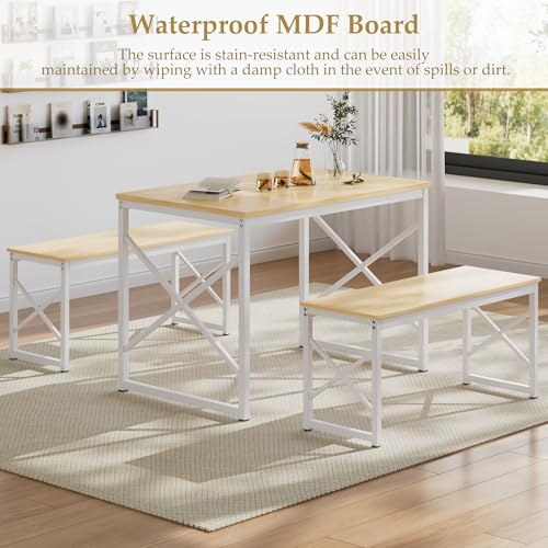Kitchen Dining Table Benches Set for 4, 43.3" Wooden Dinette with 2 Benches, Heavy-Duty Dining Room Table for Small Space, Breakfast Nook, Natural Oak