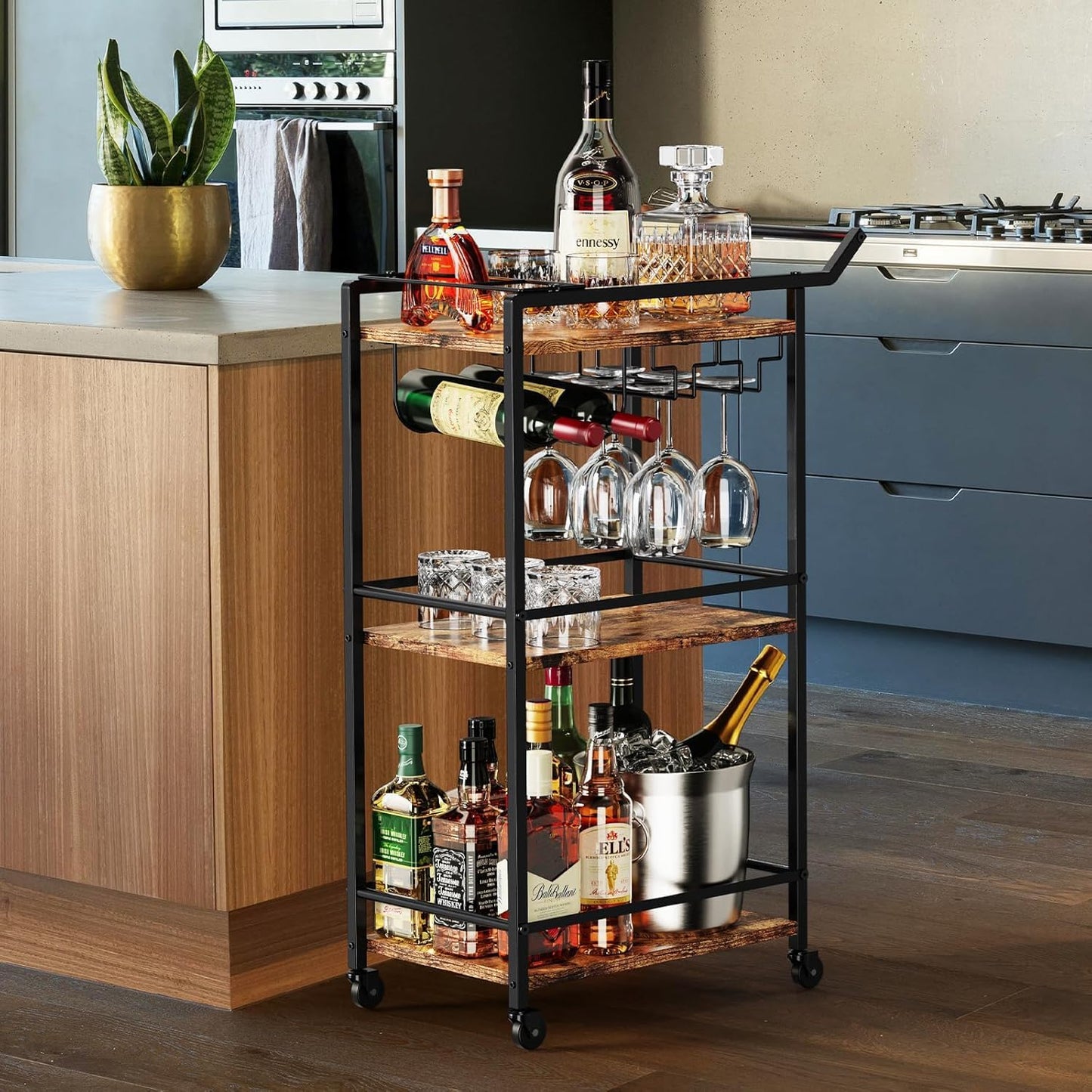 3 Tier Bar Cart, Mini Liquor Utility Cart for Wine Beverage Dinner Party, Rolling Wine Coffee Drink Serving Cart with Lockable Wheels for Home Kitchen Bars (Rustic Brown)
