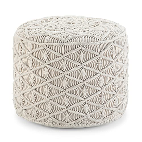 Coates Round Pouf - 18 inch Wide Handwoven Cotton Macrame Ottoman in Cream, Boho Footstool, Decorative Pouf or Extra Seating for Living Room, Bedroom, or Kids Room, Assembled