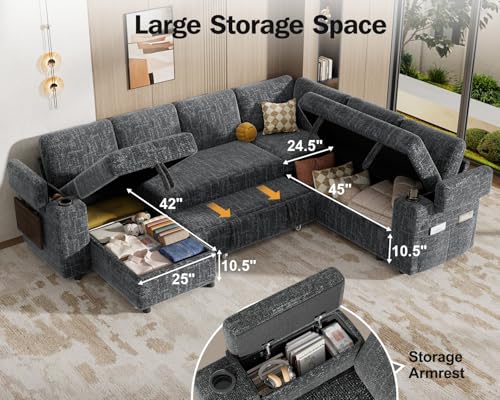 111" Modular Sectional Sleeper Sofa with Pull Out Bed, 7 Seat Chenille L Shaped Couch with USB Ports|Cup Holders|Side Table|Storage Chaise, Tool Free Assembly, Grey