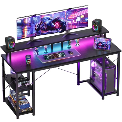 55 Inch Gaming Desk with LED Lights & Storage Shelves, Black, view 2