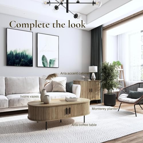 LuxenHome 47" Oval Coffee Table with Storage and Sliding Door | mid century modern style, fluted sliding door, hidden storage space, metal legs
