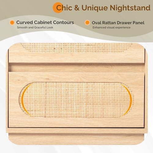 Rattan Nightstand with Charging Station, Boho Nightstand with Drawers and Shelves, Wood Night Stand Bedroom, Real Rattan Bed Side Table/End Table,17.72" W*13.86" D*25.6" H