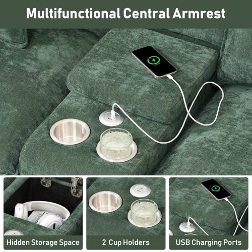 145" Oversized Modular Sectional Sofa U Shaped Cloud Couch Modern 6 Seat Sofa Set for Living Room Comfy Chenille Deep Seat with Storage Central Console, Movable Ottomans, Cup Holders, USB Ports, Green
