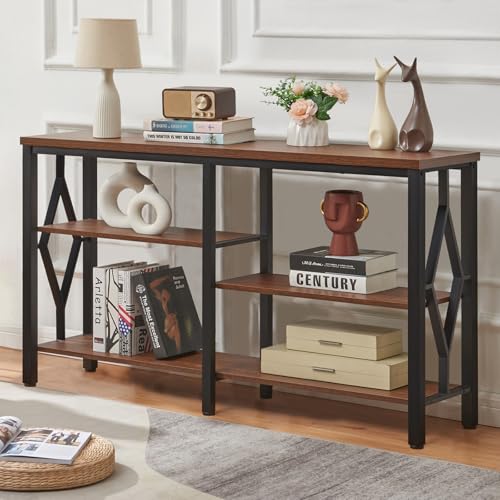Console Sofa Table, Rustic Entryway Table with Metal Frame and Open Shelves, Industrial Hallway Table with 3 Tier for Entry, Living Room, Foyer,Brown,47 inch