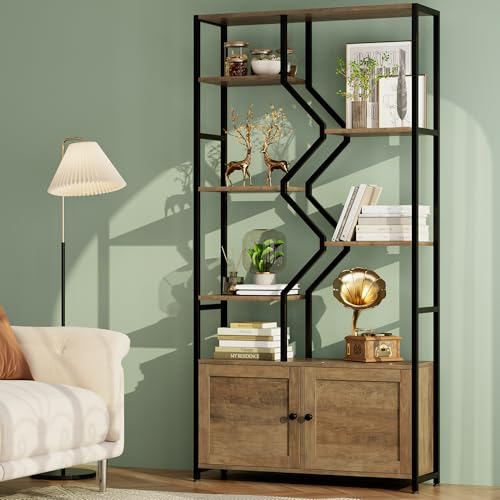 76" Tall Industrial Bookshelf with Storage Cabinet, 6-Tier Rustic Brown Bookcase with Doors, Heavy Duty Geometric Display Shelf for Home Office, Living Room, Study Room, Vintage Wood & Black