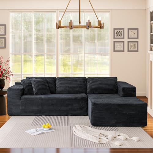 106" Cloud Sectional Couch with Chaise Lounge, L-Shape Modular Sectional Boneless Sofa with Deep Seat, Upholstered Couches for Living Room Bedroom, No Assemble, Black (Plush Corduroy Fabric)