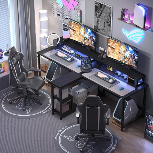 Two Person Desk with LED Lights & Power Outlet, 83.7" Extra Long Computer Desk with Monitor Stand & Storage Shelves, Double Study Work Writing Table Workstation for Home Office, Black