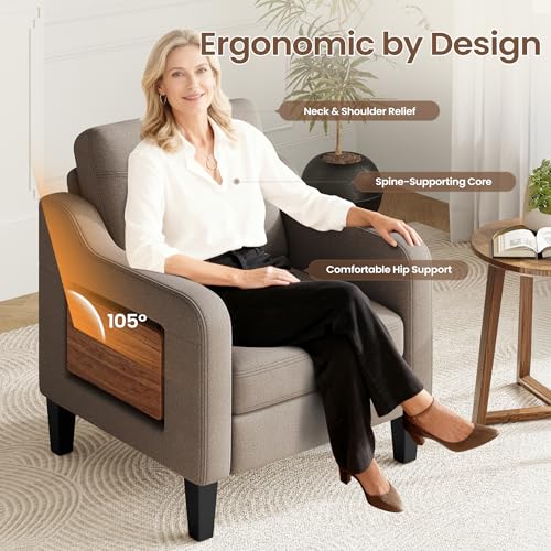 Upholstered Accent Chair with Foldable Side Table for Living Room | 2 Side Pockets, Modern Linen Armchair Wooden Fabric Chairs for Living Room, Comfy Reading for Bedroom/Office