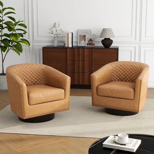 Swivel Barrel Accent Chair, Comfy Modern Upholstered Round Faux Leather Arm Chair for Living Room, Bedroom(Coffee, Set of 2