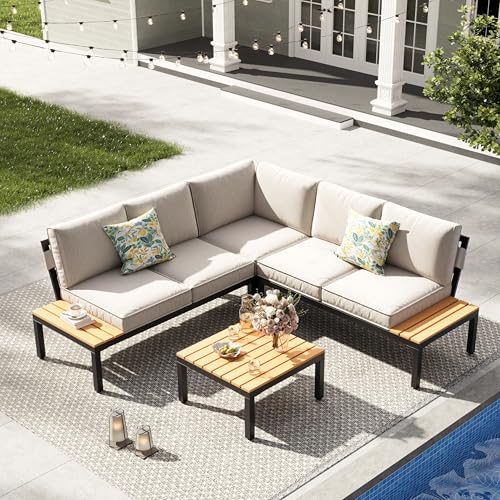 4-Piece Patio Furniture Set,Metal Outdoor Sectional Sofa with 3 Fauxwood Tables &Adjustable Reclining Chair,Patio Modular L Shape Sofa with Thickened Cushions for Backyard,Deck,Balcony,Beige