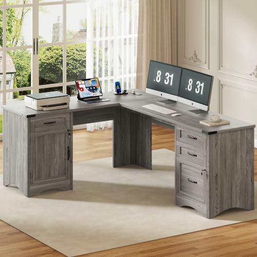 67" L-Shaped Standing Desk, File Cabinet & Charging Station, Grey, view 2
