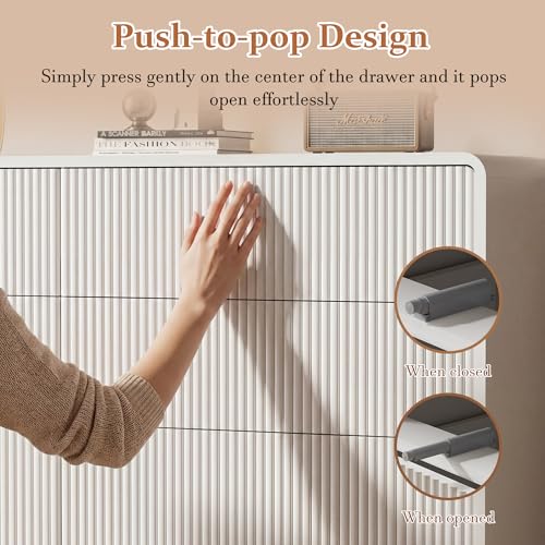 3 Piece Bedroom Dresser Set, 6 Drawer Dresser with 2 Nightstands, Fluted Chest of Drawers with Pop-Up Design, Modern Storage Furniture for Bedroom, Living Room, Entryway, White