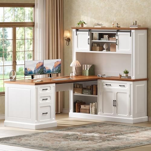 67" Farmhouse Executive L Shaped Desk with Hutch & Storage, view 2
