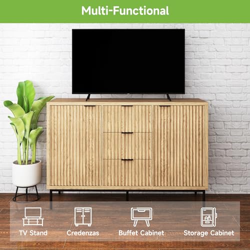 Sideboard Buffet Cabinet with Storage, Modern Fluted Cabinet with 2 Doors 3 Drawers, Coffee Bar Accent Storage Credenza, for Kitchen, Living, Dinning Room, Oak