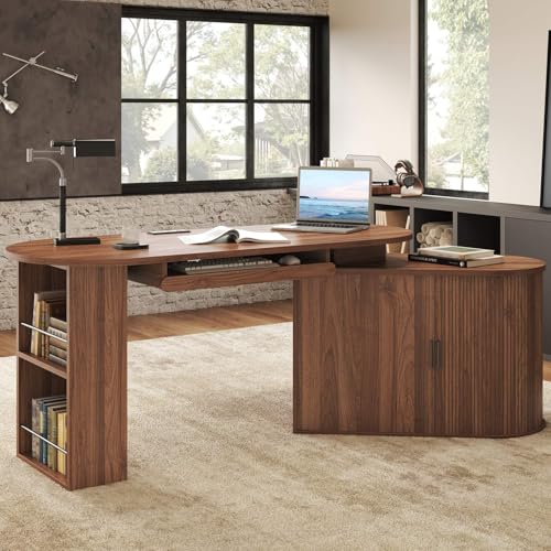 Office L Shaped Computer Desk with Storage Cabinet, Reversible Corner L Desks with Keyboard Tray and Open Shelf, Home Office Executive Desk with Power Outlet for Study Workstation, Walnut 60 Inch