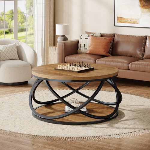 Tribesigns 2-Tier Round Coffee Table, 31.5" Circle Center Table, Wood Grain Accent Table with Storage Shelf and Cross Metal Frame for Living Room, Small Space, Rustic Brown
