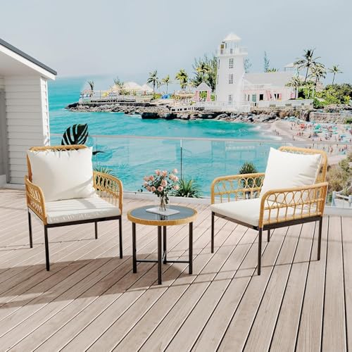 3-Piece All-Weather Wicker Rattan Bistro Patio Furniture Set with Glass Table and Thick Cushions, Beige - Ideal for Balcony, Garden, Backyard, and Poolside Conversation