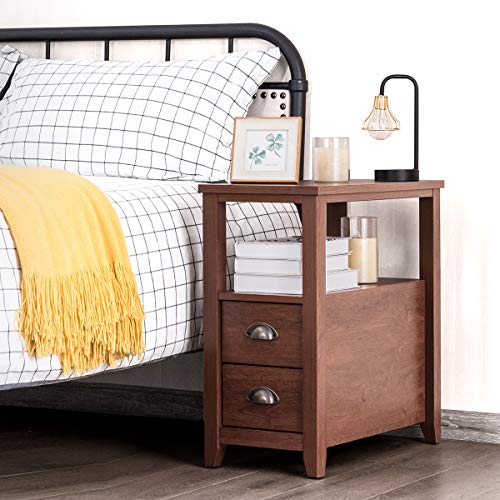 End Table W/ 2 Drawers and Shelf Space-Saving Rectangular Bedside Table with Metal Handle, Retro Side Table for Living Room Bedroom Home Furniture Side Table (1, Brown)