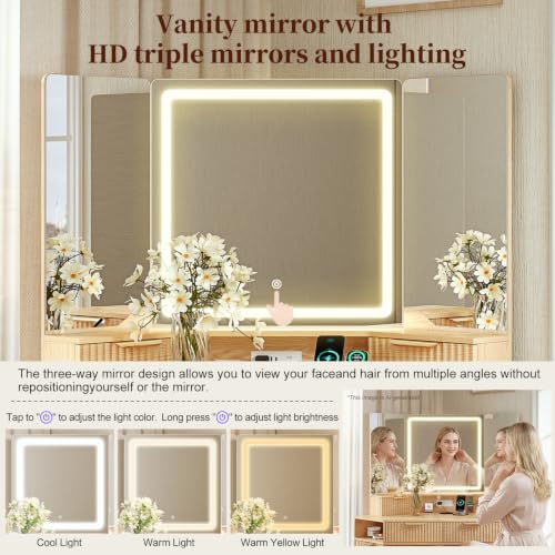 Corner Makeup Vanity Desk with 3 Way Mirror and Lights, view 8