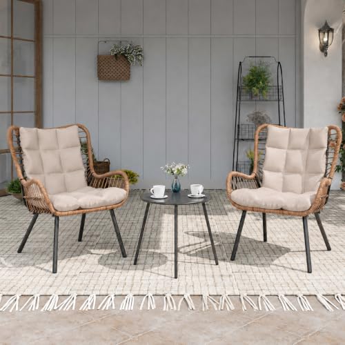 3 Piece Outdoor Bistro Set, Small Patio Furniture Set with Coffee Table and Thick Cushions, Front Porch Furniture for Lawn, Garden, Balcony, Poolside, White