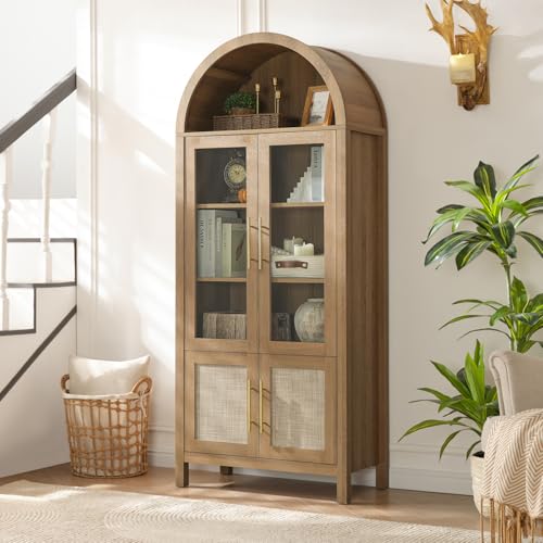 71" Tall Arched Display Cabinet with Glass Doors, 5-Tier Bookshelf, view 2