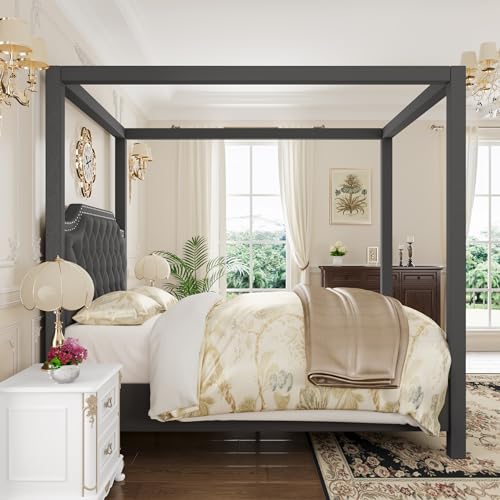 Upholstered Queen Size Bed Frame with Canopy Poles and Headboard, view 8