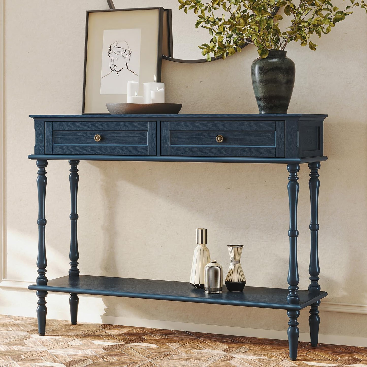 Console Table for Entryway with 2 Drawers-Minimal Assembly,Blue Retro Entryway Table with Storage Cabinets and Open Shelf,Narrow Long Couch Table behind Sofa for Living Room,Foyer,Hallway
