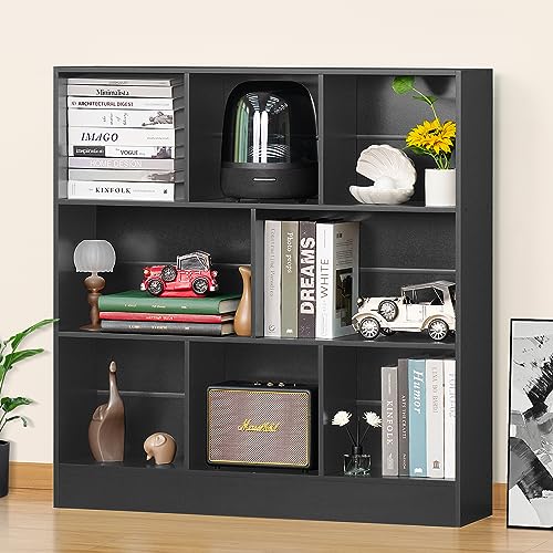 Black Wide Bookshelf,3 Tier Modern Horizontal Bookcase,Wood Low Bookshelves Display Storage Cabinet with Base,Floor Standing 8 Cube Large Bookcases Organizer for Bedroom,Living Room,Office