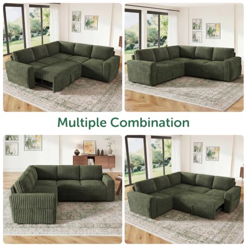 Modular Sectional Sleeper Sofa with Pull Out Bed,Corduroy L Shaped Couch with Storage, Sectional Couches for Living Room,Green
