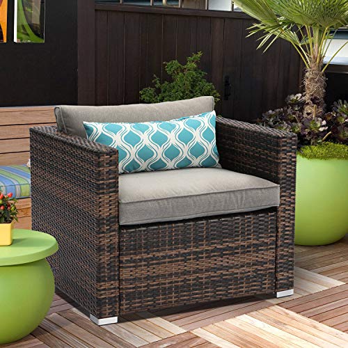 Brown handwoven rattan outdoor chair with warm grey cushion, view 2