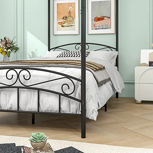 Metal Canopy Bed Frame Four-Poster, Full, Black, view 7