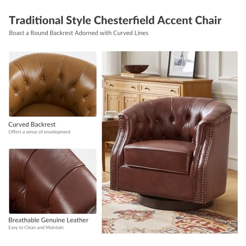 Genuine Leather Swivel Accent Chairs Set of 2, Swivel Rocker Barrel Chairs, Traditional Chesterfield Armchairs with Button-Tufted Design, No Assembly Required, Brown