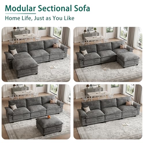 Modern L Shaped Sofa Couches for Living Room, Modular Sectional Cloud Couch with Movable Ottoman, Comfy Chenille Sofa for Apartment and Small Space, Dark Gray