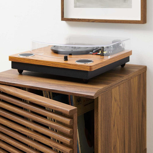 Render Mid-Century Modern 19" Vinyl Record Display Stand in Walnut, 19 Inch