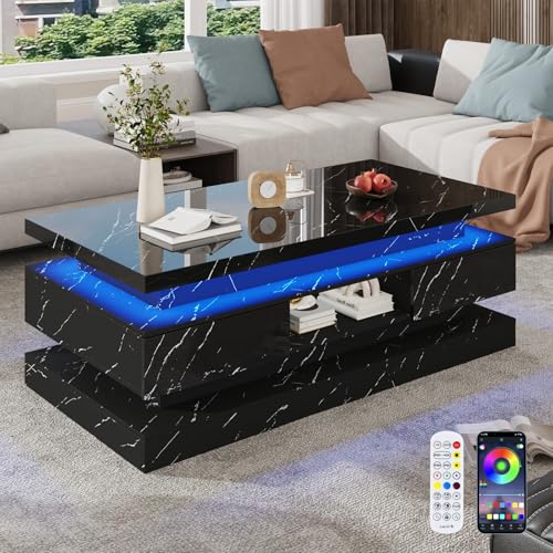 47.2 Inch Modern High Glossy LED Coffee Table with 2 Sliding Drawers, Double-Layer Center Tables with LED Lights for Livings Room Furniture, Black