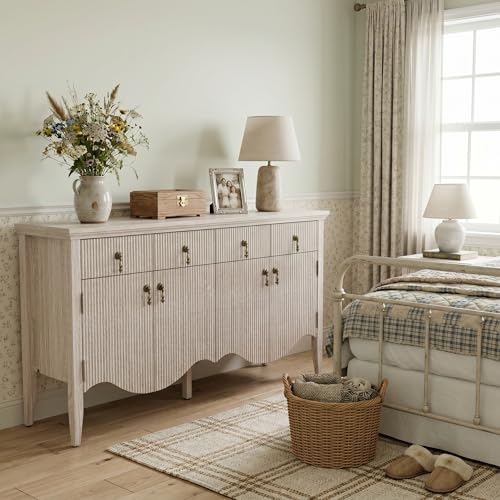 57" Fluted Sideboard Buffet with Storage, 4 Doors & 3 Drawers, Oak, view 6