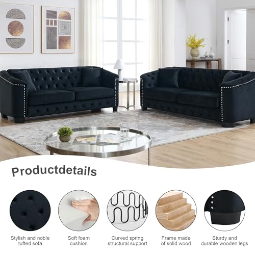 77" Modern Chesterfield Sofa Couch for Living Room, 2 Piece 3-Seater Velvet Couch with Upholstered Tufted Backrests, Nailhead Arms & 4 Cushions for Bedroom, Coffee Bar & Office, Black
